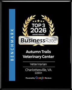 BusinessRate Top 3 2026 award plaque for Autumn Trails Veterinary Center, Veterinarian, Charlottesville